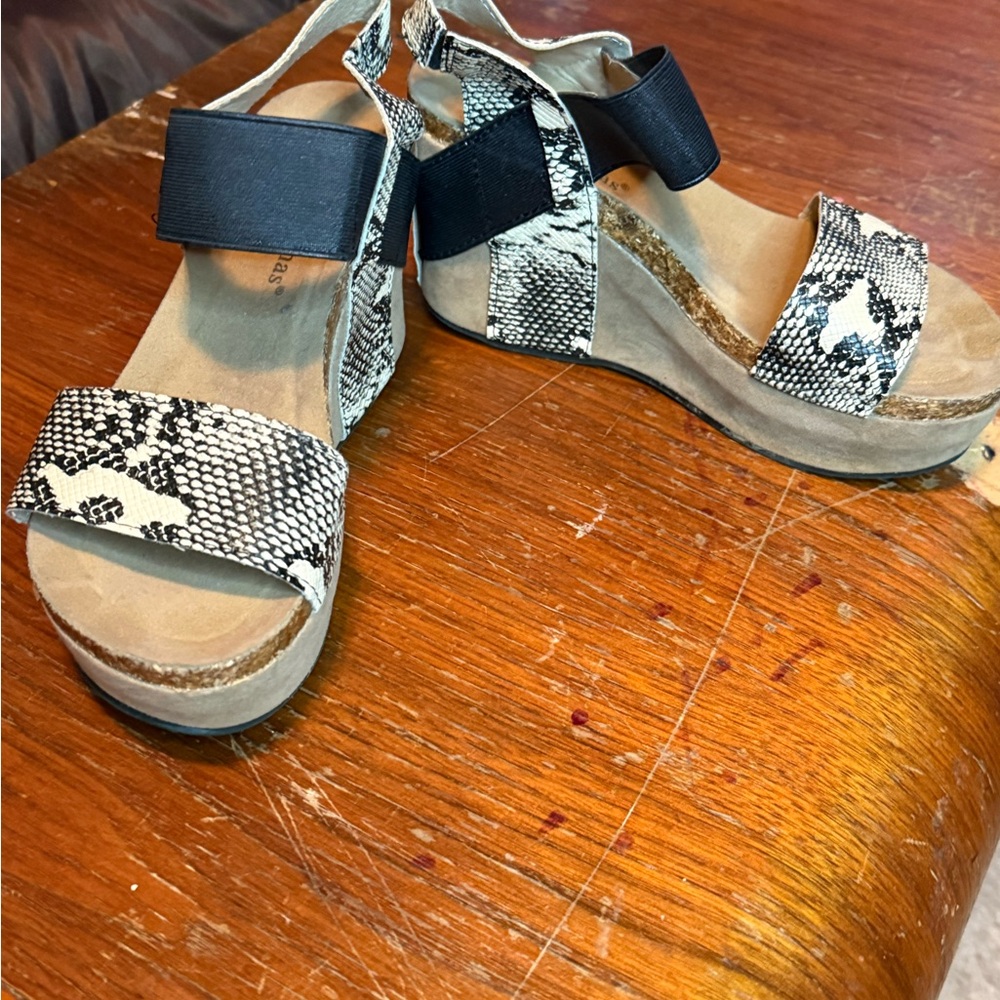 Pierre Dumas Snake Print Black and Tan Wedges